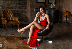 women, Mihail Gerasimov, sitting, high heels, red dress, legs, brunette, pa ...