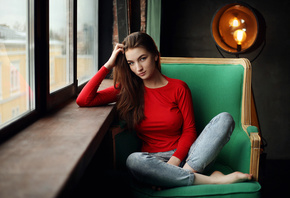 women, sitting, jeans, window, nipples through clothing, legs crossed