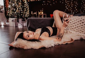 women, lying on back, tattoo, black lingerie, Christmas tree, drinking glass, bed, brunette