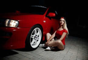 women, blonde, leotard, women with cars, sitting, tattoo, nose ring, sneakers, socks, baseball cap