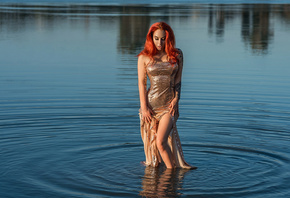 girl, red, figure, legs, pose, water, George Dyakov