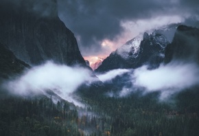 горы, туман, ночь, небо