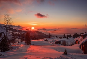 горы, зима, закат, деревья, австрия