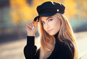 women, Lods Franck, blue eyes, white nails, blonde, portrait, eyeliner