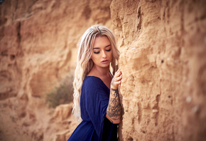 women, blonde, tattoo, long hair, blue dress, portrait