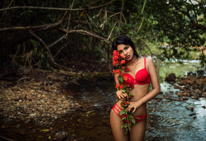 women, river, red lingerie, necklace, red lipstick, black nails, wet body,  ...