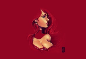 women, artwork, red background