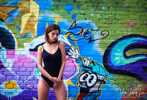 women, portrait, leotard, choker, wall, graffiti, brunette
