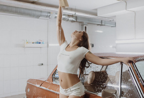 women, car washes, brunette, water, belly, tattoo, women with cars, jean sh ...