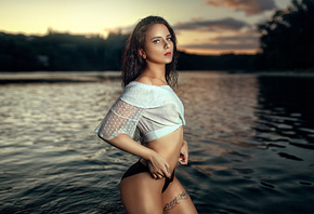 women, thong, ass, belly, pierced navel, sunset, tattoo, river, portrait, w ...