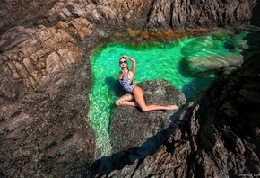 model, nature, swimwear, women outdoors, Ivan Chinilov, water, rock, women with shades