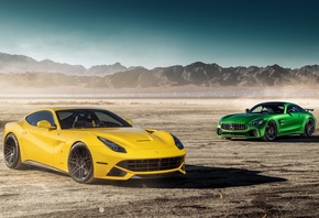 Mercedes-Benz, зеленый, Ferrari, F12, желтый
