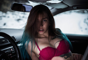 women, hair in face, bra, tattoo, lingerie, dyed hair, portrait, women with cars