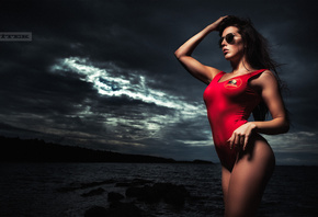 Barbora Zavadilov, sunglasses, women outdoors, sea, tanned, one piece swimsuit