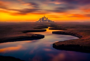 France, Mont Saint-michel, Island, Castle, Stream, Sunset