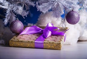 праздник, новый год, рождество, ветки, ель, игрушки, шары, коробка, подарок