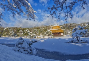 Япония, Киото, парк, сад, пруд, деревья, холмы, пагода, зима, снег