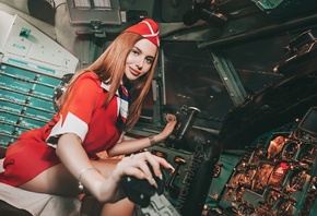 women, planes, brunette, Anton Harisov, portrait, sitting, smiling, red dress, stewardess