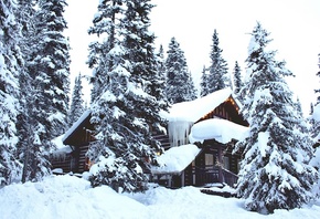 Зима, снег, деревья, дома, сугробы