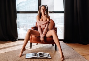 women, Disha Shemetova, sitting, pigtails, books, window, bare shoulders, p ...