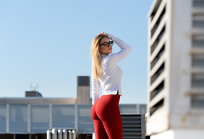 women, blonde, portrait, sunglasses, women outdoors, red pants