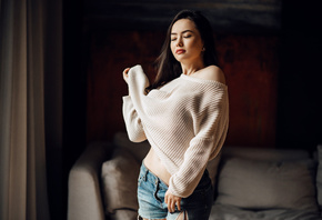 women, jean shorts, portrait, closed eyes, couch, red lipstick