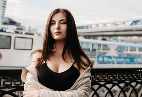 women, Yura Warner, face, portrait, blue eyes, bare shoulders, sweater, arms crossed