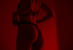 women, ass, black lingerie, red background, back, watch