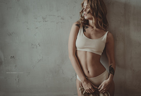 women, Anastasia Scheglova, brunette, tattoo, wall, portrait, blonde, underwear