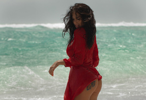 women, Aleksandr Semanin, tattoo, sea, beach, ass, women outdoors, red dres ...