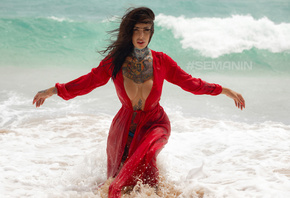 women, Aleksandr Semanin, tattoo, sea, beach, women outdoors, red dress, we ...