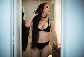 women, black lingerie, the gap, tattoo, brunette, choker, long hair, black nails, looking away, red lipstick