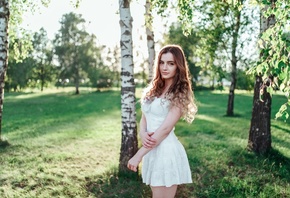 women, portrait, white dress, trees, grass, women outdoors