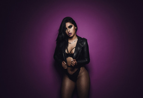 women, Paul Egas Scarino, purple background, brunette, leather jackets, black lingerie, fishnet lingerie, fishnet stockings, pierced navel