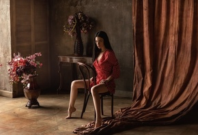 Alla Berger, women, chair, tattoo, sitting, polka dots, red dress, long hai ...