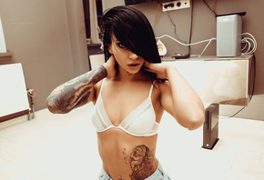 women, portrait, tattoo, belly, pierced navel, white bra, hair in face, con ...