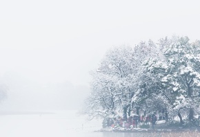 зима, деревья, река, снег, туман, утро, туман, Китай