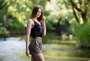 women, long hair, portrait, river, women outdoors, trees, blonde, belt