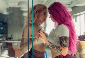 women, purple hair, tattoo, crop top, blonde, two women, glass, plaid shirt, long hair, black nails