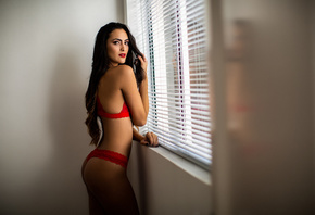 women, window, brunette, long hair, red lipstick, ass, red lingerie, painte ...