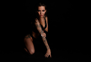 women, black lingerie, brunette, kneeling, black background, painted nails, tattoo