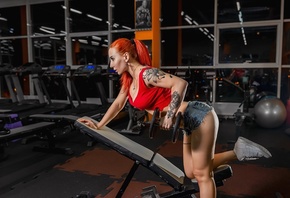 Eva Rudneva, women, redhead, gyms, jean shorts, ass, fitness models, neakers, tattoo, tank top, dumbbells