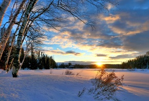 Канада, Квебек, природа, пейзаж, зима, снег, деревья, лес, закат, вечер, со ...