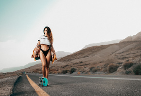 women, road, skateboard, brunette, belly, black panties, mountains, tattoo, ...