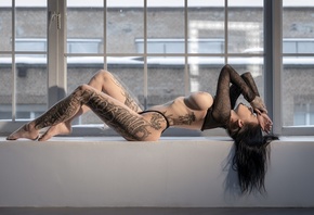 women, Evgenia Talanina, black panties, tattoo, window sill, boobs, nipples ...
