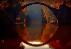 природа, пейзаж, река, берега, леса, деревья, осень, мост, арка