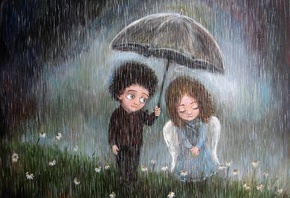 зонтик, дождь, настроение, мальчик, арт, пара, девочка, чувство