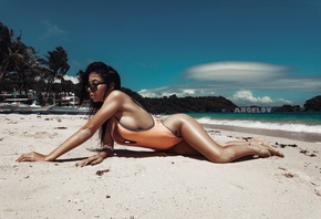 women, tanned, one-piece swimsuit, sand, sea, sunglasses, beach, Evgeny Ang ...