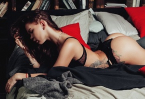 women, ass, black lingerie, blue nails, tattoo, books, lying on front, brun ...