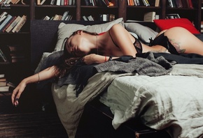 women, black lingerie, ass, in bed, pillow, books, blue nails, brunette